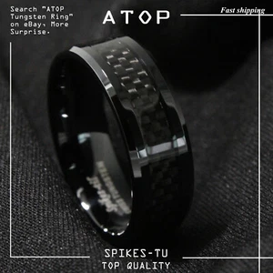 Anillo de carburo de tungsteno de 8 mm con incrustaciones de fibra de carbono negro banda de boda para hombre joyería - Imagen 1 de 8