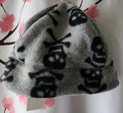 NWT GAP Kids Boy's Fleece Gray Black Skull Blue Beanie Hat Reversible L/XL  - Image 1 of 4