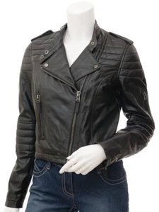 Gloria Biker Style Black Lambskin Sheep Leather Jacket For Women's - Picture 1 of 4