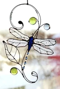 Handmade Whimsical Blue DRAGONFLY Stained Glass AUSTRALIAN SUNCATCHER Metal Work - Picture 1 of 24