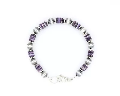 Purple Wampum Quahog Shell Bracelet, Native American-Inspired Jewelry, Sterling - Image 1 of 4