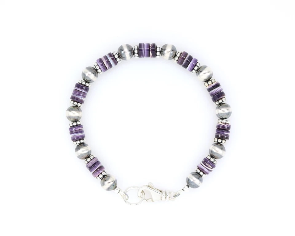 Purple Wampum Quahog Shell Bracelet, Native American-Inspired Jewelry, Sterling - Изображение 1 из 4