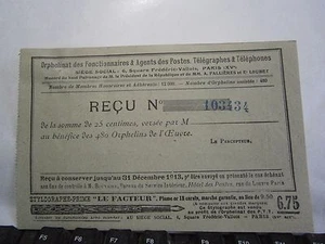 Reçu oeuvre orphelinat fonctionnaire agent des poste télégraphe téléphone 1913 - Picture 1 of 2