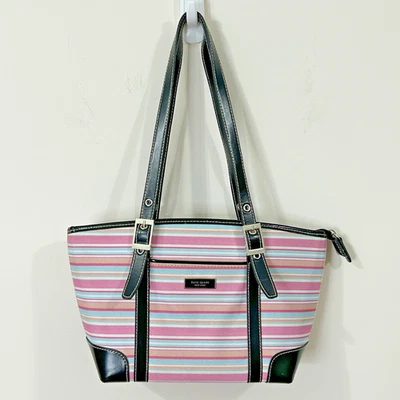 Bolso de Colección Kate Spade NY Rayas Rosa Azul Lona Recubierta Borde Negro - RARO Foto 1 de 4