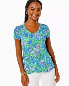 Lilly Pulitzer Etta V-Neck Tropical Print Tee Shirt XL Boca Blue Beneath The Bou - Bild 1 von 4