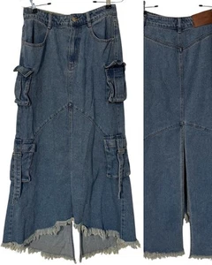 Urban Revivo Denim Cargo Pocket Distressed Maxi Skirt Back Slit Y2K Grunge Sz 6 - Picture 1 of 16
