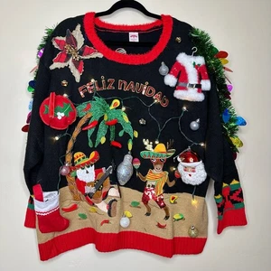 Ugly Christmas Sweater Feliz Navidad LIGHTS UP Tacky Tinsel Xmas Party Winner 1X - Bild 1 von 5