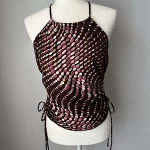 Y2K 90s Vintage A Byer Halter Top Brown Pink Dots Adjustable Straps Side Tie - Picture 1 of 10
