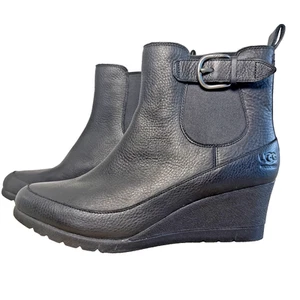 UGG Chelsea Boots Womens Black Arleta Wedge Leather Waterproof Wool Size 12 - Picture 1 of 11
