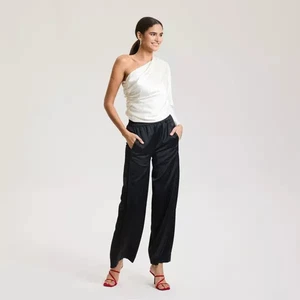 Women's Black Satin Pull-On Pants - Mid-Rise, Straight Leg, Size L - Picture 1 of 6