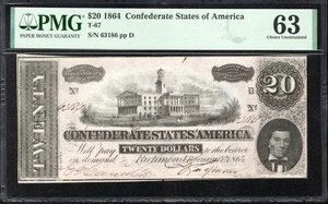 T-67 1864 $20 CONFEDERATE CURRENCY PMG 63 CIVIL WAR BILL 63186-5 - Picture 1 of 2
