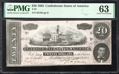 T-67 1864 $20 CONFEDERATE CURRENCY PMG 63 CIVIL WAR BILL 63186-5 - Image 1 of 2