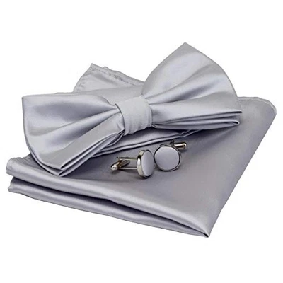  Pajarita preatada doble pliegue color liso para hombre y cuadrado de bolsillo gris plateado Foto 1 de 4