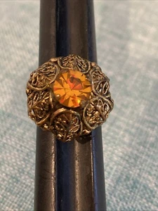 VTG Antique Gold Tone W Germany Amber Glassfiligree Adjustable Ring - Picture 1 of 7