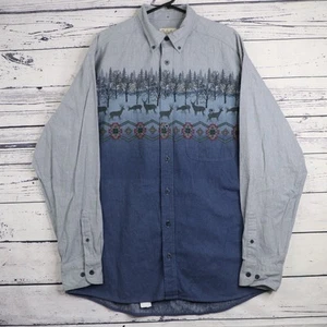 Cabelas Aztec Flannel Shirt Mens L Tall Deer Print Blue Grey Button Up - Picture 1 of 10