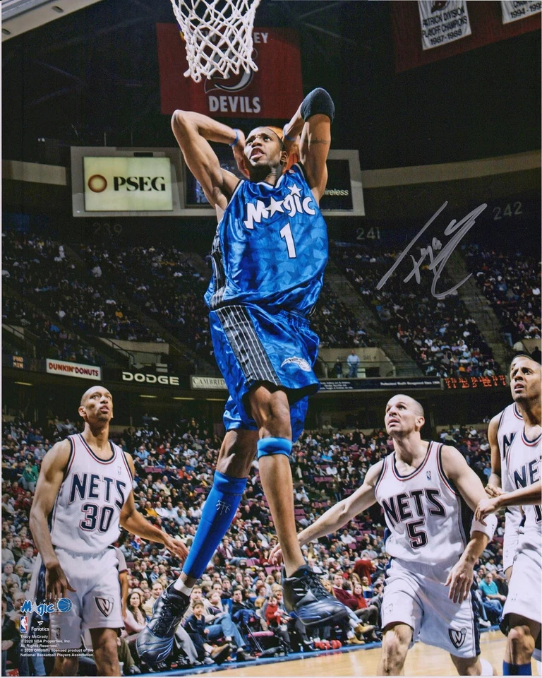 Foto firmada por Tracy McGrady Orlando Magic 16x20 a dos manos Dunk vs New Jersey Nets Foto 1 de 1