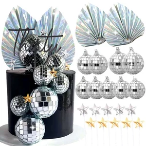 21 PCS Sliver Disco Balls Cake Decoration Silver Palm Leaves Cake Decoration ... - Picture 1 of 7