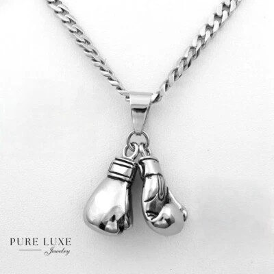 Men's 20" Stainless-Steel Silver Cuban Curb Chain.BOXING GLOVES Pendant,Box - Image 1 of 4