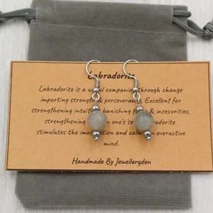Handmade Labradorite Crystal Healing Gemstone Chakra 8mm Bead Hook Earrings - Picture 1 of 3