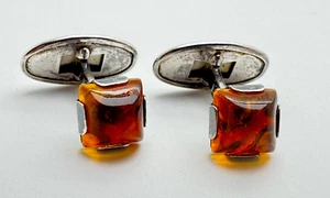 Modernist Design Amber Fish Country Cufflink Silver Cuff Links No 150 - Picture 1 of 2