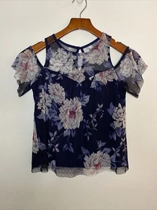 By & By Womens Top Size Medium Blue Floral Sheer Short Sleeve - Picture 1 of 5