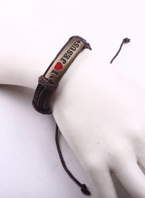  I Love Jesus Leather Bracelet Christian Cuff Adjustable Fit Draw String 1SZ - Image 1 of 2
