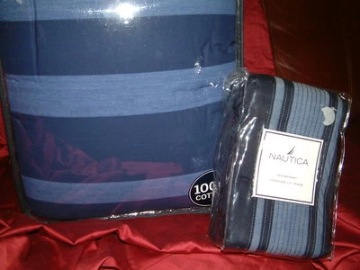 JUEGO DE SÁBANAS FALDA EDREDÓN DOBLE 5 PIEZAS NAUTICA GULFPORT RAYAS AZULES Foto 1 de 4