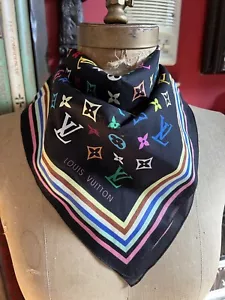 NEU LOUIS VUITTON Limited Edition SCHWARZ MULTICOLOR MURAKAMI Baumwollschal, 21" Quadrat - Bild 1 von 12