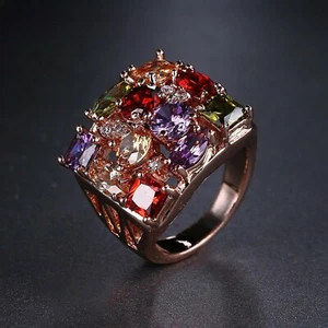 18k Rose Gold Plated Square Cocktail Ring made w Swarovski Multicolor Crystal - Picture 1 of 9