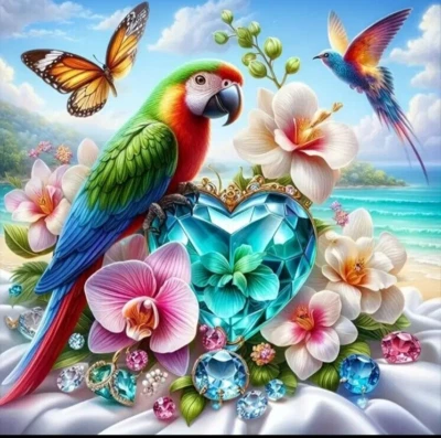 Экзотический попугай и цветочный тропический тема с бабочкой (20 x 20 см) 5D бриллиант точек - Изображение 1 из 4