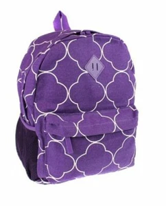 Girls Quatrefoil Clover Backpack School Camping Zipper Bag Purple White - Picture 1 of 4