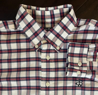 Camisa Brooks Brothers Oxford Manga Larga Niños Lg Roja Blanca Azul Cuadros Sin Planchar Foto 1 de 4