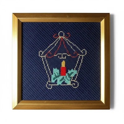 Framed Needlepoint Lantern Candle Holiday Wall Art 6” × 6” Navy Gold Red Green - Image 1 of 4