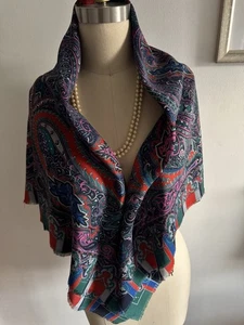 Vintage LAURA BORGHESE Shawl, Scarf Paisley, Multicolor Women’s Fringe 46” SQ - Picture 1 of 6
