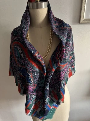 Vintage LAURA BORGHESE Shawl, Scarf Paisley, Multicolor Women’s Fringe 46” SQ - Image 1 of 4