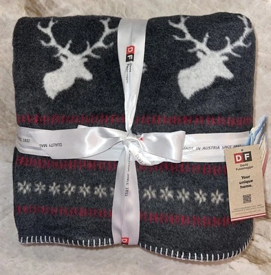 DAVID FUSSENEGGER STAG HEAD GRAY RED CREAM Throw Blanket NWT - Image 1 of 4