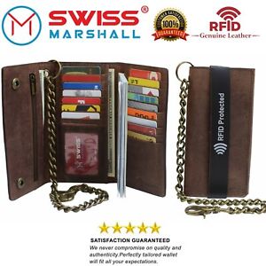 RFID Blocking Mens Biker Vintage Brown Genuine Leather Long Trifold Chain Wallet