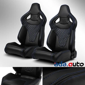 2x Main Black + Blue Stitching Reclinable PVC Left/Right Racing Seats W/Slider - Bild 1 von 9