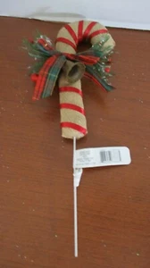 Celebrate It~7" BURLAP CANDY CANE w/ Bells, Bow, Berries FLORAL PICK~NWT - Picture 1 of 2