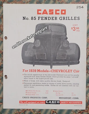 Catálogo de concesionario original 1939 inserto accesorio CASCO parrillas guardabarros Chevy de colección automático Foto 1 de 2