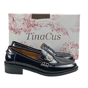 TinaCus Women's 6.5 Patent Leather Handmade Block Heel Loafer Flower Embellished - Picture 1 of 13