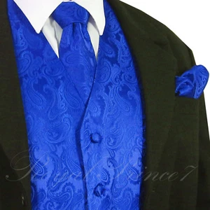 Royal Blue Men Paisley Tuxedo Suit Dress Vest Waistcoat & Neck tie & And Hankie - Picture 1 of 4