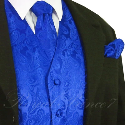 Royal Blue Men Paisley Tuxedo Suit Dress Vest Waistcoat & Neck tie & And Hankie - Image 1 of 4