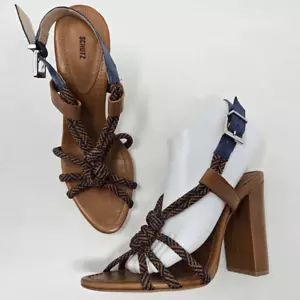 SCHUTZ DAILLEE BRAIDED CORD STRAPPY BROWN BLUE LEATHER HEELS 4" WOMENS SIZE 8.5B - Picture 1 of 9
