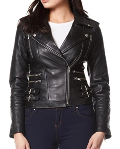 Chaqueta de cuero Royal para mujer piel de cordero genuina motocicleta motociclista negra - Imagen 1 de 4