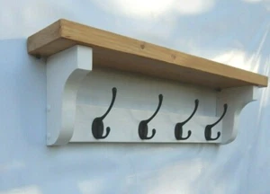 Coat Rack with Shelf Handmade Rustic Solid Pine Wood Black Hooks - Picture 1 of 8