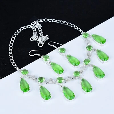 Verde Ametista Gemma Collana e Orecchini Set 925 Argento Gioielli Regalo - Immagine 1 di 4