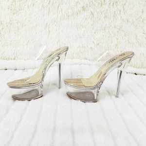 So Me Clear Gold Hologram 2 Strap Slip On Platform 6" Stiletto Heel Pole Shoes - Picture 1 of 10