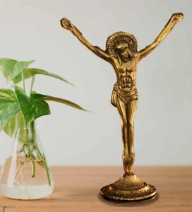 GOLD METAL RELIGIOUS JESUS STATUE CRUCIFIX FIGURE ANTIQUE GOLDEN STATUE - Picture 1 of 4