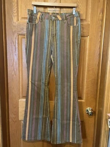 Pantalones de mezclilla acampanados azules Judy CE61 rayas coloridas tiro alto boho occidental para mujer 13/31 - Imagen 1 de 4